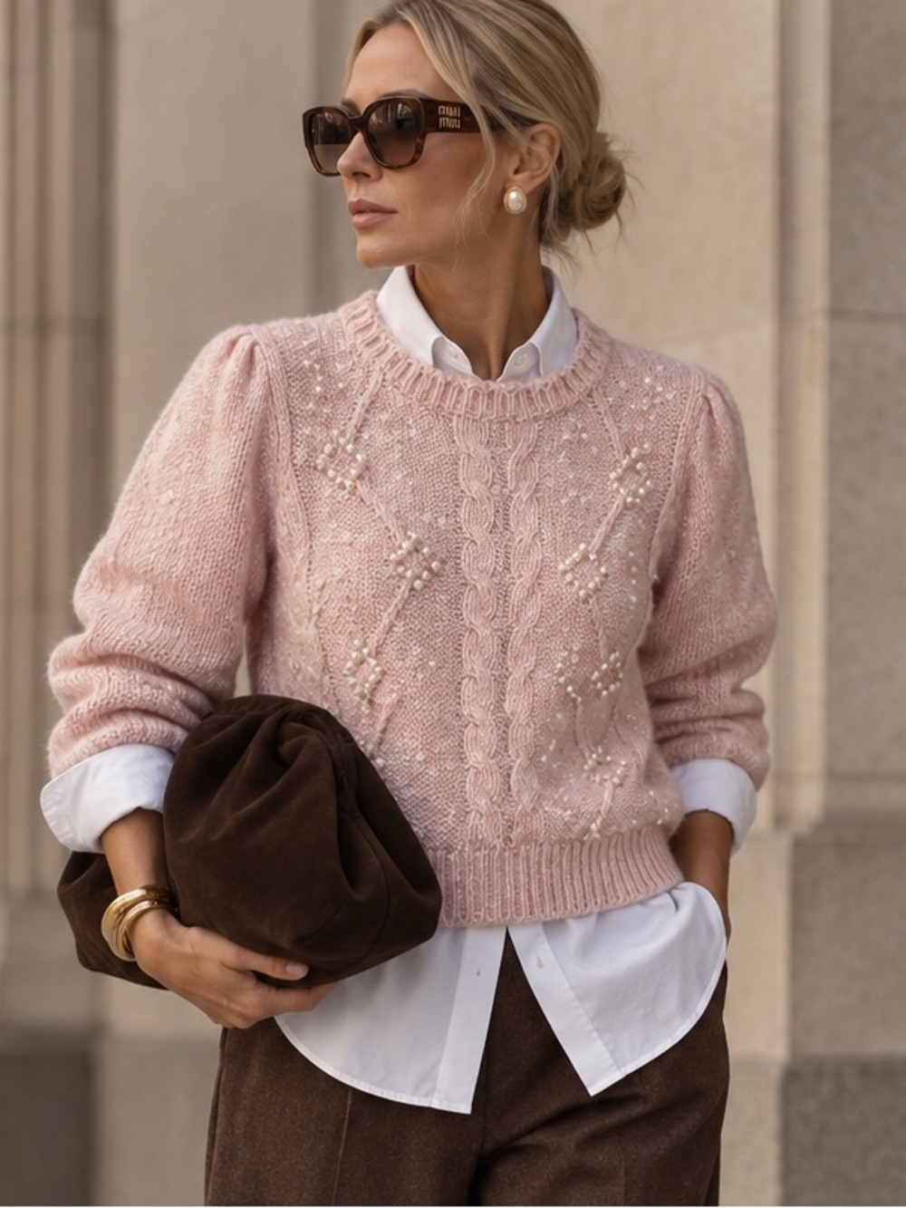 Vintage Diana Marco Pink Pearl Beaded Cable Knit Sweater – 24W, Ramie Hong Kong
